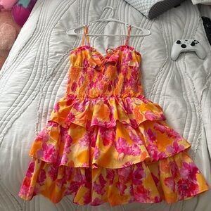 SHEIN Floral Ruffle Mini Dress - Pink and Orange